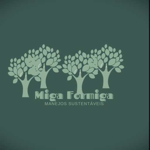 Na imagem que é a logo provisória do projeto migaformiga vê se 04 árvores bem próximas, dando a impressão de um bosque. Abaixo está escrito MigaFormiga Manejos Sustentáveis.